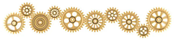 黄金齿轮和齿轮机构 顶部视图 抽象技术背景 白色背景下的3D渲染隔离 — 图库照片