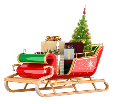Noel Baba kızağı, hediyeler ve Noel ağacı. Beyaz arkaplanda 3B görüntüleme izole edildi