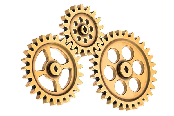 Golden Cogs Gear Wheel Mechanisms Rendering Isolated White Background — Stock Photo, Image