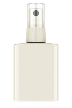 Şeffaf kapaklı plastik sprey şişesi, kozmetik ya da ilaç. Beyaz arkaplanda 3B görüntüleme izole edildi