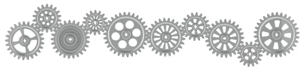 Row Steel Cogs Gear Wheels Rendering Isolated White Background — Stock Photo, Image