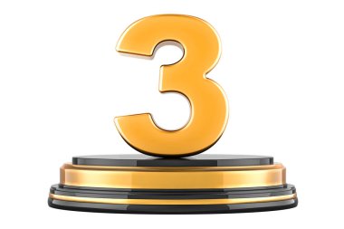 Kürsüde Altın 3, ödül konsepti. Beyaz arkaplanda 3B görüntüleme izole edildi