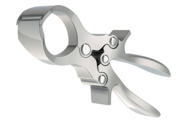 Hadım Plier, çiftlik hayvanları için hadım edici. Hadım edici bant, veterinerlik aleti. Beyaz arkaplanda 3B görüntüleme izole edildi