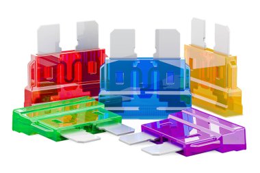 Araba bıçağı sigortaları, araçlar için küçük ölçekli sigorta. Beyaz arkaplanda 3B görüntüleme izole edildi