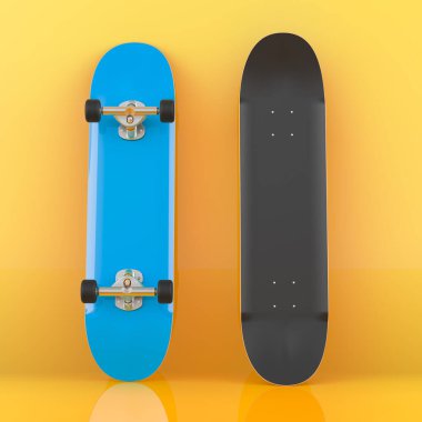 Turuncu zemin üzerinde kaykay üstü ve alt görünümü, 3D görüntüleme