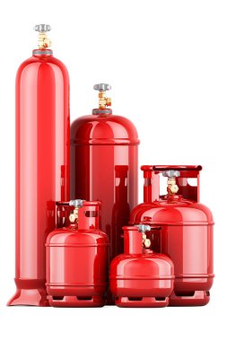 Sıkıştırılmış gaz ve 3 boyutlu propan silindirleri beyaz arkaplanda izole edildi