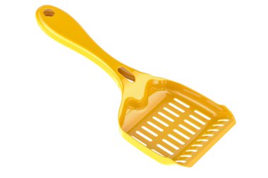 Kirli Kaldırım Kedi Kumu, kepçeler için kepçe kepçesi sarı plastikten, beyaz arkaplanda 3 boyutlu görüntüleme