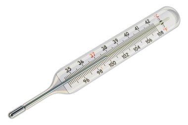 Tıbbi, klinik cıva termometresi Fahrenheit ve Celsius pullarındaki sıcaklığı gösteriyor. Beyaz arka planda 3 boyutlu görüntüleme.