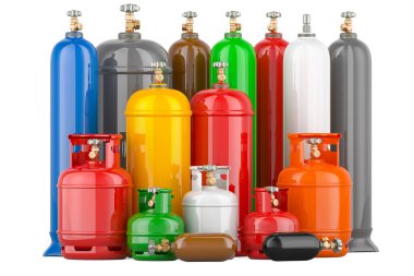 Farklı endüstriyel sıvılaştırılmış gaz silindirleri, beyaz arka planda 3 boyutlu görüntüleme