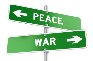 Savaş ya da Barış talimatları. Karşıt trafik işareti, beyaz arkaplanda 3 boyutlu görüntüleme