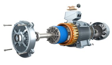 Elektrik motor parçaları ve yapısı, beyaz arkaplanda 3 boyutlu görüntüleme