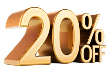 Yüzde 20 indirim. % 20 indirimli mesaj. İndirim ve satış, konsept. Beyaz arkaplanda 3B görüntüleme izole edildi