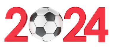 Futbol 2024, konsept. Beyaz arkaplanda 3B görüntüleme izole edildi