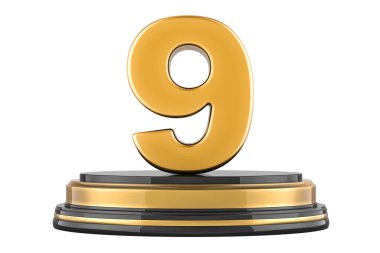 Altın 9 kürsüde, ödül konsepti. Beyaz arkaplanda 3B görüntüleme izole edildi