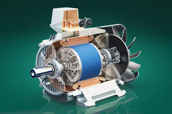 Cross section of industrial electric motor on backdrop, 3D rendering