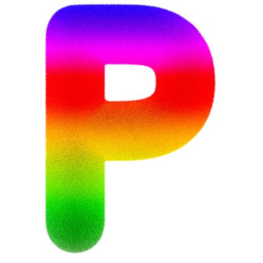 P harfi. Renkli, tüylü, kıllı yazı tipi. Beyaz arkaplanda 3B görüntüleme izole edildi