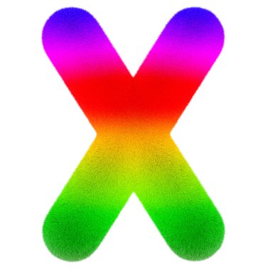 X harfi. Renkli, tüylü, kıllı yazı tipi. Beyaz arkaplanda 3B görüntüleme izole edildi