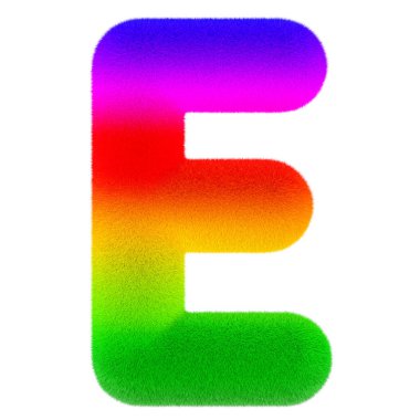 E harfi. Renkli, tüylü, kıllı yazı tipi. Beyaz arkaplanda 3B görüntüleme izole edildi