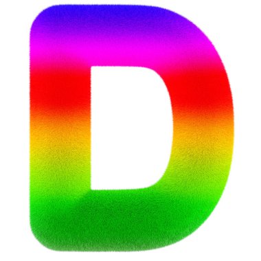 D harfi. Renkli, tüylü, kıllı yazı tipi. Beyaz arkaplanda 3B görüntüleme izole edildi