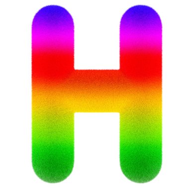 H harfi. Renkli, tüylü, kıllı yazı tipi. Beyaz arkaplanda 3B görüntüleme izole edildi