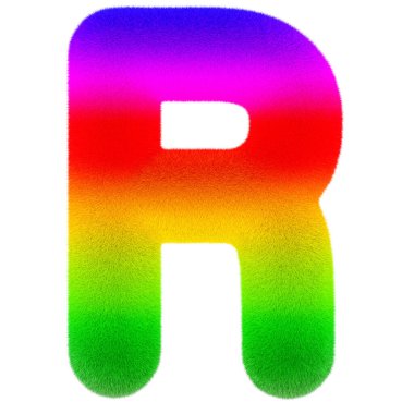 R harfi. Renkli, tüylü, kıllı yazı tipi. Beyaz arkaplanda 3B görüntüleme izole edildi