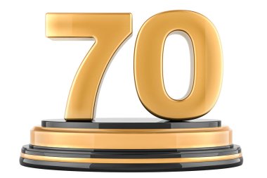 Altın 70 podyum, ödül konsepti. Beyaz arkaplanda 3B görüntüleme izole edildi