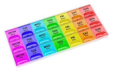 Kişisel İlaç Teslimatçısı. Haftalık ilaç kutusu, ilaç organizatörü, beyaz arka planda 3 boyutlu görüntüleme    