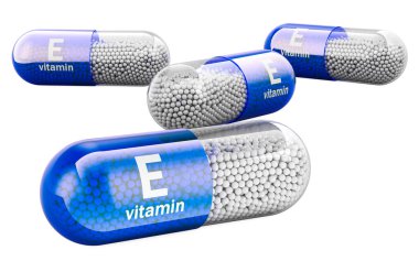 E vitamini kapsülü, tocopherols. Beyaz arkaplanda 3B görüntüleme izole edildi