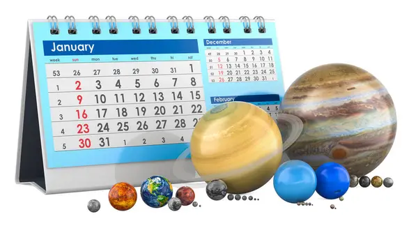 デスクカレンダー付きの太陽系の惑星 天文学カレンダー 天体のイベント コンセプト 白い背景で隔離された3Dレンダリング — ストック写真