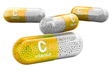 C vitamini kapsülleri, askorbik asit. Beyaz arkaplanda 3B görüntüleme izole edildi
