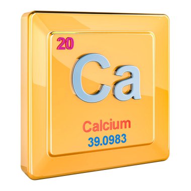 Kalsiyum Ca, periyodik cetvelde 20 numaralı kimyasal element işareti. Beyaz arkaplanda 3B görüntüleme izole edildi