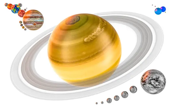 Saturnus Och Satelliter Med Realistisk Struktur Och Solsystem Rendering Isolerad — Stockfoto