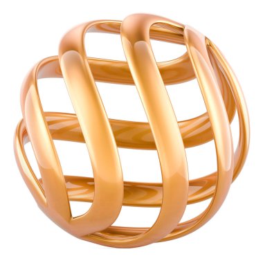 Altın soyut küre, logoti. Beyaz arkaplanda 3B görüntüleme izole edildi