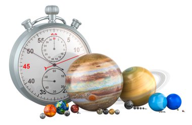 Planets of the solar system with stopwatch. 3D rendering isolated on white background clipart