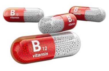 B12 kapsülleri, siyanokobalamin vitamini. Beyaz arkaplanda 3B görüntüleme izole edildi