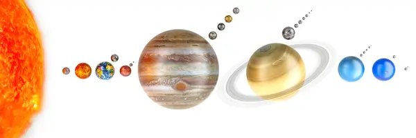 Solsystemets Planeter Med Satelliter Rendering Isolerad Vit Bakgrund — Stockfoto