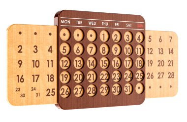 Tahta Daimi Takvim, beyaz arkaplanda 3 boyutlu görüntüleme