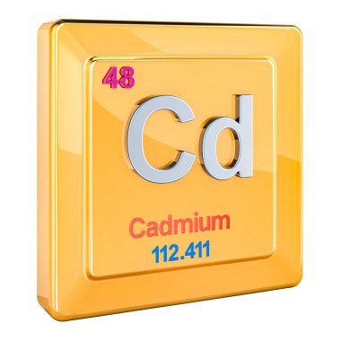 Periyodik cetvelde 48 numaralı Cadmium Cd kimyasal element işareti. Beyaz arkaplanda 3B görüntüleme izole edildi