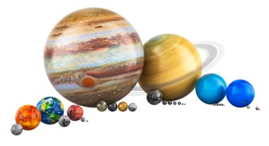 Uyduları olan bir dizi Güneş Sistemi. Beyaz arkaplanda 3B görüntüleme izole edildi