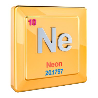 Neon Ne, periyodik cetvelde 10 numaralı kimyasal element işareti. Beyaz arkaplanda 3B görüntüleme izole edildi