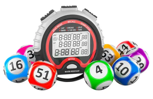 Loterij Ballen Met Digitale Stopwatch Rendering Geïsoleerd Witte Achtergrond Stockafbeelding