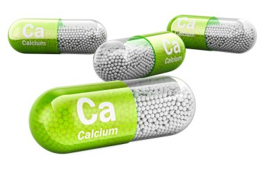 Kalsiyum Ca ile kapsüller, beyaz arkaplanda izole edilmiş 3D görüntüleme