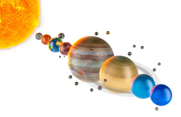 惑星のパレード アプルスコンセプト 太陽系の惑星と衛星が列に並んでいる 白い背景で隔離された3Dレンダリング — ストック写真