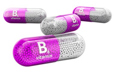 B6 vitamini kapsülleri, piridoksin. Beyaz arkaplanda 3B görüntüleme izole edildi