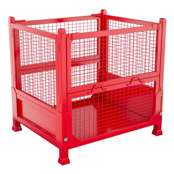 Kırmızı katlanabilir tel örgü paleti. Katlanabilir ulaşım kutusu paleti, beyaz arkaplanda 3 boyutlu görüntüleme