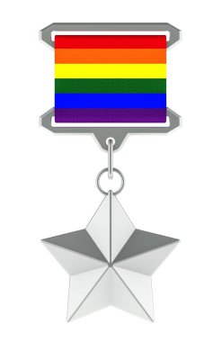 Gümüş yıldızlı LGBT Madalyası, beyaz arkaplanda 3 boyutlu görüntüleme