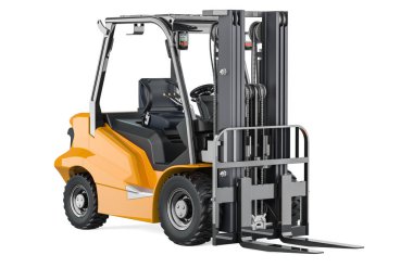 Depo Forklift Kamyonu, beyaz arkaplanda 3 boyutlu görüntüleme