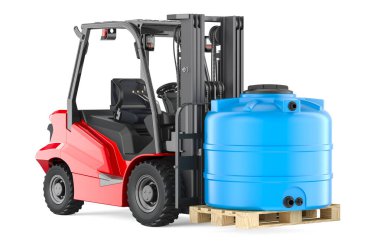 Mavi Plastik Su Tankı olan forklift kamyonu, beyaz arkaplanda 3 boyutlu görüntüleme