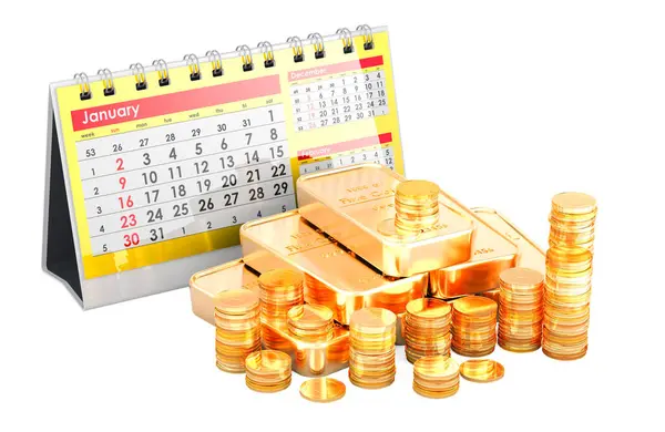 Календарь Золотыми Слитками Золотыми Монетами Рендеринг Изолирован Белом Фоне Лицензионные Стоковые Изображения