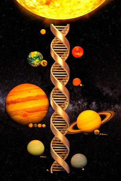 Golden Dna Spiral Planets Solar System Satellites Space Rendering Стокова Картинка